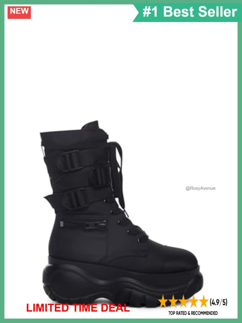 Platform Combat Boots with Zipper Pockets & Buckled Straps